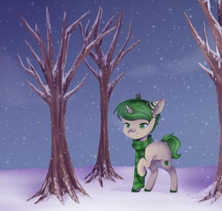 Size: 3000x2858 | Tagged: safe, artist:shiromidorii, oc, oc only, oc:green tea, pony, unicorn, chibi, clothes, high res, male, raised hoof, scarf, snow, solo, stallion, tree