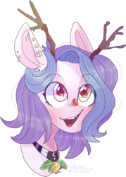 Size: 1586x2220 | Tagged: safe, artist:erinartista, oc, oc only, oc:shylu, pony, antlers, bust, female, heterochromia, mare, portrait, red nose, reindeer antlers, simple background, solo, transparent background