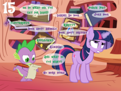 Size: 1024x768 | Tagged: safe, artist:bronybyexception, spike, twilight sparkle, dragon, pony, g4, advent calendar, book, bookshelf, christmas, female, golden oaks library, holiday, male, mare, present, quill