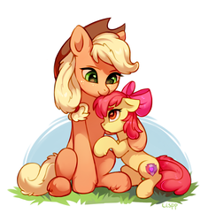 Size: 1270x1350 | Tagged: safe, artist:lispp, apple bloom, applejack, earth pony, pony, g4, bow, cowboy hat, cutie mark, female, filly, hair bow, hat, hug, mare, simple background, sisters, sitting, smiling, stetson, the cmc's cutie marks