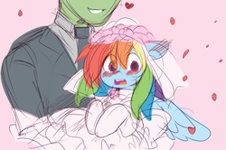 Size: 950x629 | Tagged: safe, artist:ende26, color edit, edit, rainbow dash, oc, oc:anon, human, pegasus, pony, g4, blushing, bridal carry, bride, clothes, colored, cute, dashabetes, dress, ear blush, female, holding a pony, human male, male, mare, marriage, necktie, open mouth, rainbow dash always dresses in style, simple background, sketch, socks, wedding dress, white socks