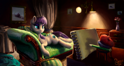 Size: 2000x1063 | Tagged: safe, artist:nemo2d, boulder (g4), maud pie, earth pony, pony, tabun art-battle, g4, beret, bust, couch, draw me like one of your french girls, drawing, female, hat, indoors, lying, mare, on side, pencil, portrait, tabun art-battle cover