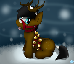 Size: 1500x1300 | Tagged: safe, artist:cloufy, oc, oc only, earth pony, pony, antlers, bells, bridle, collar, freckles, harness, male, reindeer antlers, snow, solo, tack, tail wrap, tongue out, winter, ych result