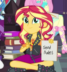 Size: 400x430 | Tagged: safe, edit, edited screencap, screencap, sunset shimmer, equestria girls, equestria girls series, g4, the finals countdown, book, paper, pencil, send nudes, smiling