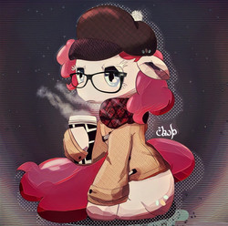 Size: 605x600 | Tagged: safe, artist:jawlo, pinkie pie, pony, g4, clothes, coffee, female, glasses, grabbing, hat, hipster, hoof hold, scarf, solo