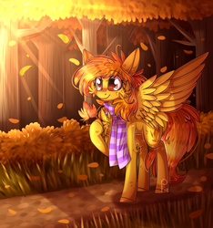 Size: 1873x2000 | Tagged: safe, artist:soundwavepie, oc, oc only, oc:firetale, pegasus, pony, autumn, cheek fluff, chest fluff, clothes, crepuscular rays, falling leaves, female, forest, leaves, mare, scarf, solo, tree, wings