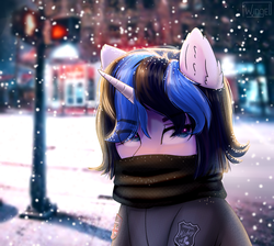Size: 1000x897 | Tagged: safe, artist:wingell, oc, oc only, oc:mirror image, pony, unicorn, clothes, female, horn, jacket, mare, scarf, snow, snowfall, solo, street, traffic light, ych result