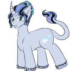 Size: 2000x2016 | Tagged: safe, artist:jolliapplegirl, oc, oc only, oc:glacial dust, pony, unicorn, art trade, curved horn, female, high res, horn, mare, solo, unshorn fetlocks