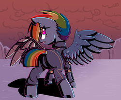 Size: 2600x2150 | Tagged: safe, artist:lockheart, rainbow dash, pegasus, pony, g4, the cutie re-mark, alternate timeline, amputee, apocalypse dash, augmented, butt, crystal war timeline, dock, eye scar, female, high res, looking back, mare, open mouth, over the shoulder, plot, prosthetic limb, prosthetic wing, prosthetics, rainbutt dash, scar, scene interpretation, solo, spread wings, torn ear, wings