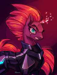 Size: 900x1200 | Tagged: safe, artist:purpleorange, tempest shadow, pony, unicorn, g4, my little pony: the movie, armor, broken horn, eye scar, female, glowing horn, gradient background, horn, mare, scar, solo, sparking horn
