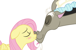 Size: 6000x4000 | Tagged: safe, artist:spottedlions, discord, fluttershy, draconequus, pony, g4, absurd resolution, female, kissing, male, mare, ship:discoshy, shipping, simple background, smiling, straight, white background