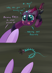 Size: 3507x4960 | Tagged: safe, artist:underpable, tempest shadow, twilight sparkle, alicorn, pony, unicorn, g4, my little pony: the movie, 2 panel comic, bad end, blush sticker, blushing, broken horn, clothes, comic, crying, dialogue, dilated pupils, female, funny, go to sleep storm king, horn, mare, nani, offscreen character, open mouth, parody, scene parody, shrunken pupils, teary eyes, tempestbuse, twilight sparkle (alicorn), underhoof, uniform