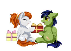 Size: 3509x2550 | Tagged: safe, artist:pridark, oc, oc only, oc:glyde, oc:sky chase, pegasus, pony, brother and sister, christmas, christmas gift, female, high res, holiday, male, mare, present, stallion