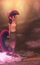 Size: 742x1200 | Tagged: safe, artist:1trick, twilight sparkle, unicorn, anthro, plantigrade anthro, g4, clothes, cute, female, looking at you, mare, petals, shirt, shoes, skirt, socks, solo, unicorn twilight