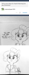 Size: 1336x3378 | Tagged: safe, artist:tjpones, oc, oc only, oc:brownie bun, earth pony, pony, horse wife, ask, box, cheek fluff, christmas, christmas presents, cute, daaaaaaaaaaaw, dialogue, ear fluff, female, grayscale, hearth's warming, hearth's warming eve, holiday, mare, monochrome, pencil drawing, pony in a box, present, traditional art, tumblr