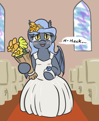 Size: 496x608 | Tagged: safe, artist:jargon scott, oc, oc only, oc:panne, bat pony, pony, semi-anthro, bat pony oc, bipedal, blushing, bouquet, bride, clothes, crying, cute, dialogue, dress, female, flower, flower in hair, heck, looking at you, mare, ocbetes, one word, open mouth, smiling, solo, speech bubble, tears of joy, wedding dress