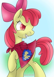 Size: 1024x1452 | Tagged: safe, artist:lavenderrain24, apple bloom, earth pony, pony, g4, cape, clothes, cmc cape, evil grin, female, filly, grin, looking back, raised hoof, smiling, solo, watermark