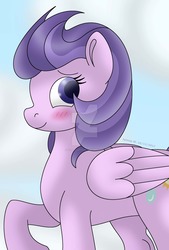 Size: 1024x1514 | Tagged: safe, artist:lavenderrain24, clear skies, pegasus, pony, g4, blushing, female, mare, smiling, solo, watermark