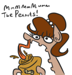 Size: 466x486 | Tagged: safe, artist:jargon scott, oc, oc only, oc:brownie bun, earth pony, pony, dialogue, eating, female, food, hoof hold, licking, long neck, long tongue, mare, peanut butter, simple background, tongue out, wat, white background