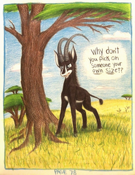 Size: 1080x1404 | Tagged: safe, artist:thefriendlyelephant, oc, oc only, oc:sabe, antelope, giant sable antelope, comic:sable story, acacia tree, africa, animal in mlp form, cloven hooves, comic, grass, horns, regal, rhetorical question, savanna, speech bubble, traditional art