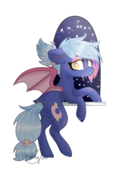 Size: 892x1232 | Tagged: safe, artist:candycrusher3000, oc, oc only, oc:moon sugar, bat pony, pony, ear fluff, flank, looking at you, solo, window