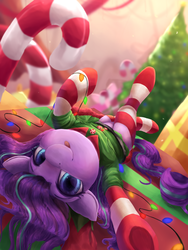Size: 3000x4000 | Tagged: safe, artist:vanillaghosties, starlight glimmer, pony, unicorn, g4, :p, candy, candy cane, christmas, christmas lights, christmas tree, clothes, cute, female, food, glimmerbetes, high res, holiday, looking at you, mare, smiling, smiling at you, socks, solo, stockings, striped socks, thigh highs, tongue out, tree, weapons-grade cute