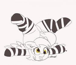 Size: 1280x1086 | Tagged: safe, artist:pabbley, derpy hooves, pony, g4, 30 minute art challenge, clothes, cute, dialogue, female, i just don't know what went wrong, mare, partial color, simple background, socks, solo, striped socks, upside down, white background