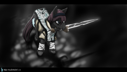 Size: 3000x1700 | Tagged: safe, artist:white-pwny, horse, pony, agro, clothes, image macro, meme, shadow of the colossus, solo, sword, wander, weapon