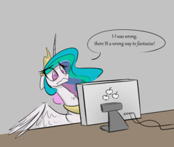 Size: 1213x1024 | Tagged: safe, anonymous artist, edit, princess celestia, alicorn, pony, g4, 4chan, blushing, chest fluff, colored, computer, cute, cutelestia, dialogue, drawthread, ears back, female, frown, funny, funny as hell, gray background, horrified, mare, neck fluff, oh no, scared, scaredlestia, simple background, solo, spread wings, table, there are wrong ways to fantasize, there is no wrong way to fantasize, traumatized, wavy mouth, wide eyes, wings