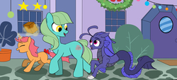 Size: 2800x1260 | Tagged: safe, artist:feroxultrus, oc, oc only, siren, aura, bush, cobblestone street, curious, fanfic, fanfic art, female, filly, foal, galloping, happy, hearth's warming eve, holiday, house, mare, ornaments, present, smiling, wreath, young