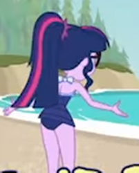 Size: 768x957 | Tagged: safe, screencap, sci-twi, twilight sparkle, equestria girls, equestria girls specials, g4, my little pony equestria girls: better together, my little pony equestria girls: forgotten friendship, ass, beach, butt, clothes, cropped, female, glasses, needs more jpeg, one-piece swimsuit, ponytail, rear view, sci-twi swimsuit, sci-twibutt, sexy, solo, swimsuit, twibutt