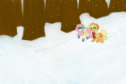 Size: 1200x800 | Tagged: safe, artist:sodaaz, applejack, fluttershy, earth pony, pegasus, pony, g4, boots, clothes, cold, cowboy hat, cute, earmuffs, female, hat, jackabetes, lesbian, mare, scarf, ship:appleshy, shipping, shoes, shyabetes, smiling, snow, stetson, tree, trotting, winter