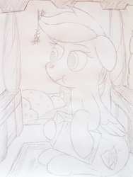 Size: 3024x4032 | Tagged: safe, artist:sollace, scootaloo, pegasus, pony, g4, chewing, eating, female, filly, mistletoe, older, parcel, sketch, solo, traditional art, uninterested, welcome mat