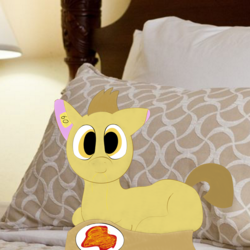 Size: 2000x2000 | Tagged: safe, artist:meme mare, oc, oc only, pony, bed, food, high res, looking at you, pasta, smiling, solo, spaghetti