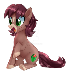 Size: 1280x1355 | Tagged: safe, artist:sugguk, oc, oc only, earth pony, pony, adoptable, body freckles, cute, female, freckles, happy, mare, ocbetes, open mouth, raised hoof, simple background, sitting, smiling, solo, transparent background, underhoof, watermark