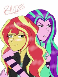 Size: 768x1024 | Tagged: safe, artist:brickercupmasterx3, aria blaze, sunset shimmer, equestria girls, g4, my little pony equestria girls: rainbow rocks, clothes, female, hug, lesbian, looking at you, ship:sunblaze, shipping, simple background, smiling