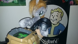 Size: 3264x1836 | Tagged: safe, oc, oc only, oc:littlepip, pony, unicorn, fallout equestria, fallout, fallout 4, fanfic, female, horn, htc vive, irl, mare, photo, pipboy, plushie, solo, virtual reality