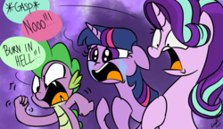 Size: 1214x700 | Tagged: safe, artist:emositecc, spike, starlight glimmer, twilight sparkle, dragon, pony, unicorn, g4, angry, crying, dialogue, exploitable meme, female, gasp, grumpy spike, male, mare, meme, open mouth, shocked, spike is not amused, trio, unamused, wingless spike