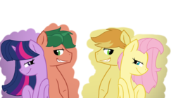 Size: 1792x1000 | Tagged: safe, artist:rainbows-skies, braeburn, fluttershy, timber spruce, twilight sparkle, pony, equestria girls, g4, back to back, equestria girls ponified, female, male, ponified, ship:braeshy, shipping, straight, timbertwi