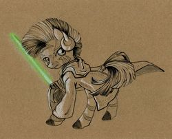 Size: 742x600 | Tagged: safe, artist:maytee, zecora, pony, zebra, g4, clothes, crossover, female, frown, glare, hoof hold, jedi, lightsaber, looking back, mare, raised hoof, sepia, simple background, solo, star wars, traditional art, weapon, yoda, yodacora