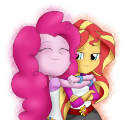 Size: 3500x3300 | Tagged: safe, artist:vicakukac200, pinkie pie, sunset shimmer, equestria girls, g4, my little pony equestria girls: legend of everfree, camp everfree outfits, clothes, crossed arms, cute, eyes closed, high res, hug, scene interpretation, shirt, shorts, smiling