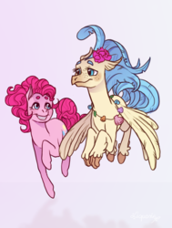 Size: 1046x1383 | Tagged: safe, artist:liquorie, pinkie pie, princess skystar, classical hippogriff, hippogriff, g4, my little pony: the movie, couple, cute, female, flying, gray background, lesbian, ship:skypie, shipping, simple background