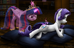 Size: 2565x1677 | Tagged: safe, artist:robin jacks, rarity, twilight sparkle, alicorn, pony, unicorn, fanfic:the enchanted library, g4, crown, fanfic, fanfic art, female, glowing horn, horn, injured, jewelry, lesbian, looking back, mare, regalia, scratches, ship:rarilight, shipping, twilight sparkle (alicorn)