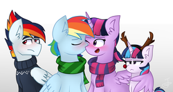 Size: 1500x800 | Tagged: safe, artist:sweetpieee, rainbow dash, twilight sparkle, oc, oc:sky blaze, oc:starlight sparkle, alicorn, pegasus, pony, g4, antlers, blushing, clothes, eyes closed, female, filly, frown, hug, kissing, lesbian, magical lesbian spawn, male, mare, offspring, parent:rainbow dash, parent:twilight sparkle, parents:twidash, red nose, reindeer antlers, scarf, ship:twidash, shipping, sitting, smiling, stallion, sweater, twilight sparkle (alicorn), unamused, winghug