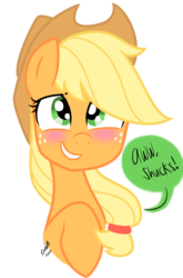 Size: 800x1214 | Tagged: safe, artist:emositecc, applejack, earth pony, pony, g4, blushing, bust, cowboy hat, dialogue, female, flattered, hat, mare, portrait, simple background, smiling, solo, speech bubble, stetson, transparent background
