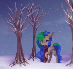 Size: 3000x2858 | Tagged: safe, artist:shiromidorii, oc, oc only, oc:dumplings, pegasus, pony, chibi, clothes, female, high res, mare, scarf, snow, solo, tree