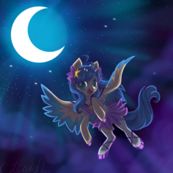 Size: 5000x5000 | Tagged: safe, artist:myhandsarecrazy, oc, oc only, oc:blue sparkle, pegasus, pony, absurd resolution, clothes, female, flying, mare, moon, night, shoes, socks, solo, stars