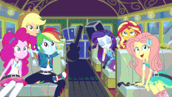 Size: 1920x1080 | Tagged: safe, screencap, applejack, fluttershy, pinkie pie, rainbow dash, rarity, sunset shimmer, equestria girls, g4, my little pony equestria girls: better together, animated, bus, clothes, converse, female, rarity peplum dress, seatbelt, shoes, sneakers, tour bus