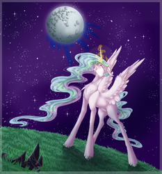 Size: 2816x3019 | Tagged: safe, artist:holoriot, princess celestia, alicorn, pony, g4, crown, crying, depressedia, female, glowing horn, grass, high res, horn, implied nightmare moon, implied princess luna, jewelry, magic, mare, mare in the moon, missing accessory, moon, regalia, sad, solo