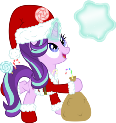 Size: 2907x3077 | Tagged: safe, artist:livehotsun, starlight glimmer, pony, unicorn, g4, candy, candy cane, christmas, clothes, costume, cute, female, food, glimmerbetes, glowing horn, hat, high res, holiday, horn, magic, mare, sack, santa costume, santa hat, santa sack, simple background, snow, snowflake, solo, telekinesis, transparent background, vector